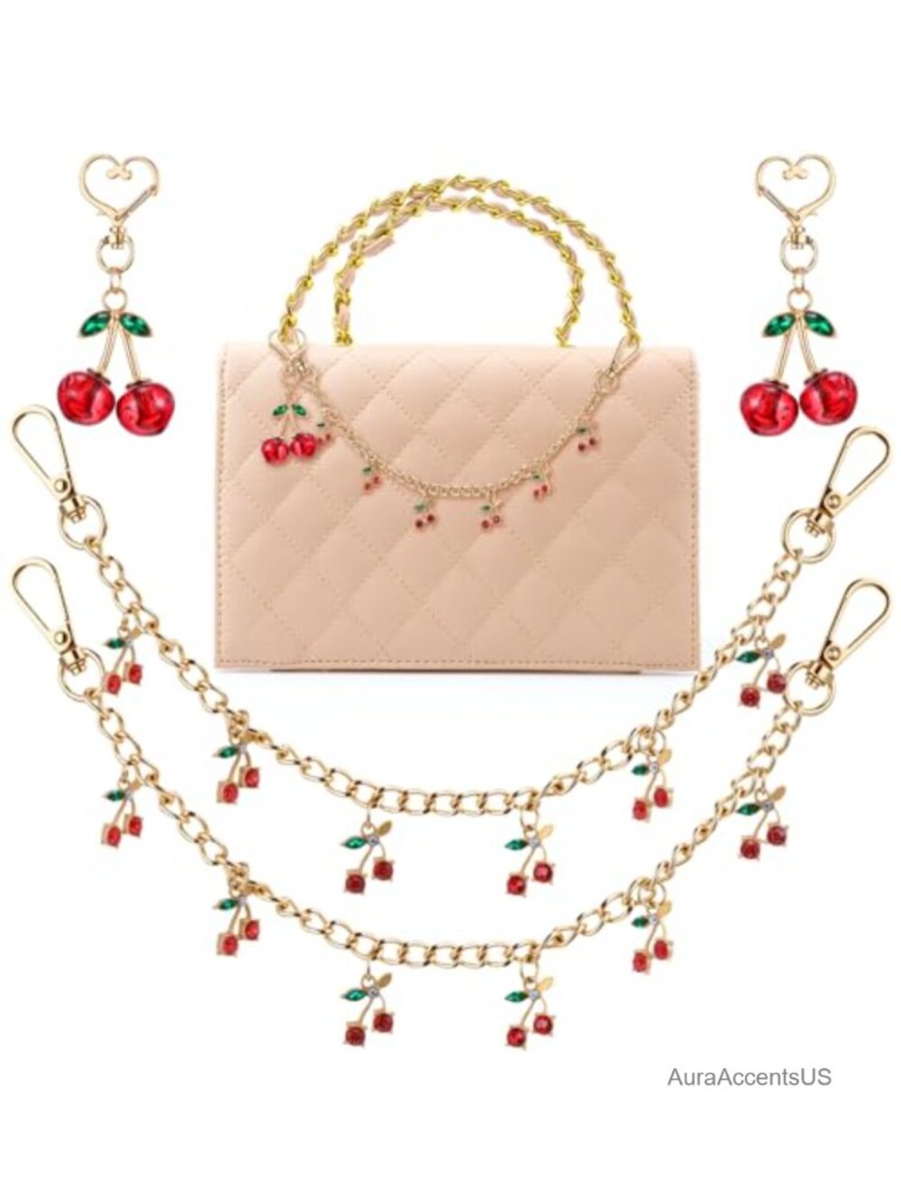 Cherry Charm Keychain Set for Women Handbags Gold Chain Purse Accessories